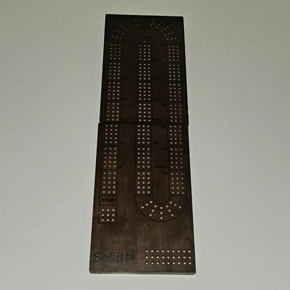 Solid H Wooden Cribbage Board Dark Brown Metal Pegs Foldable Magnetic Closure